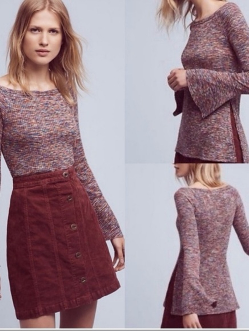 Womens Multi-Color Marled Bell-Sleeve Sweater